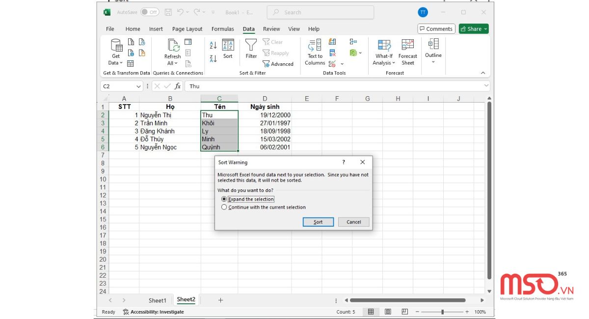 Cách sắp xếp theo abc trong Excel khi họ và tên ở 2 cột riêng