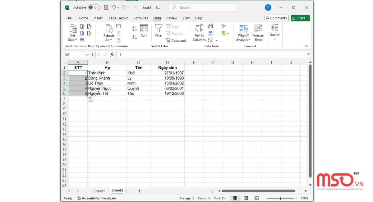 Cách sắp xếp theo abc trong Excel khi họ và tên ở 2 cột riêng