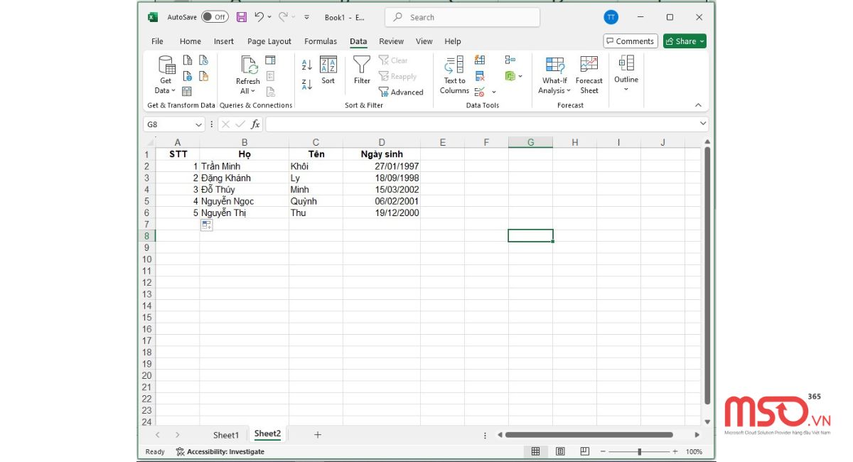 Cách sắp xếp theo abc trong Excel khi họ và tên ở 2 cột riêng