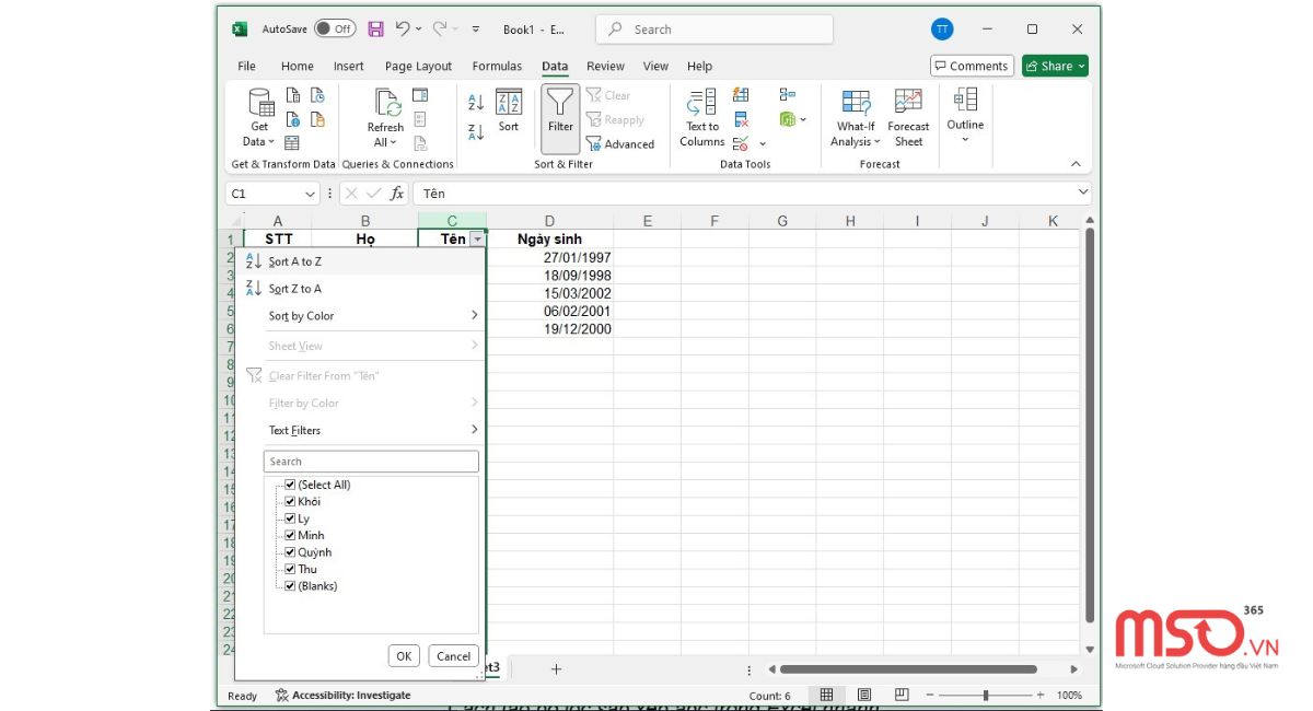 Cách tạo bộ lọc sắp xếp abc trong Excel nhanh