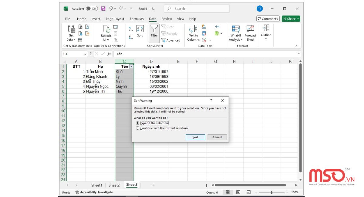 Cách tạo bộ lọc sắp xếp abc trong Excel nhanh