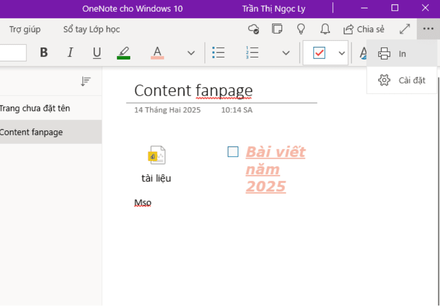 Lưu và in trang ghi chú OneNote