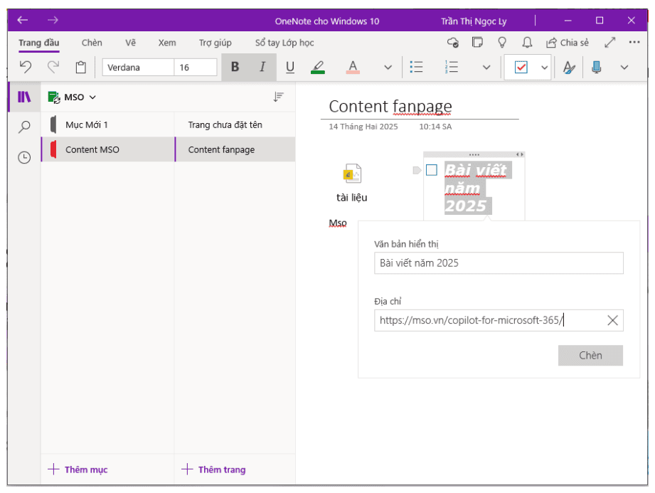 Thêm liên kết cho ghi chú OneNote