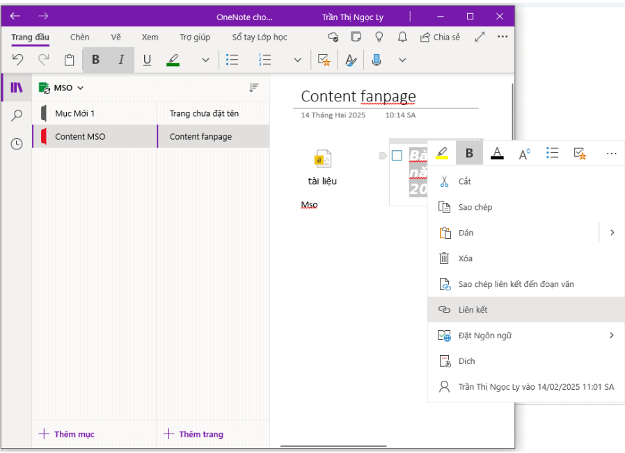 Thêm liên kết cho ghi chú OneNote