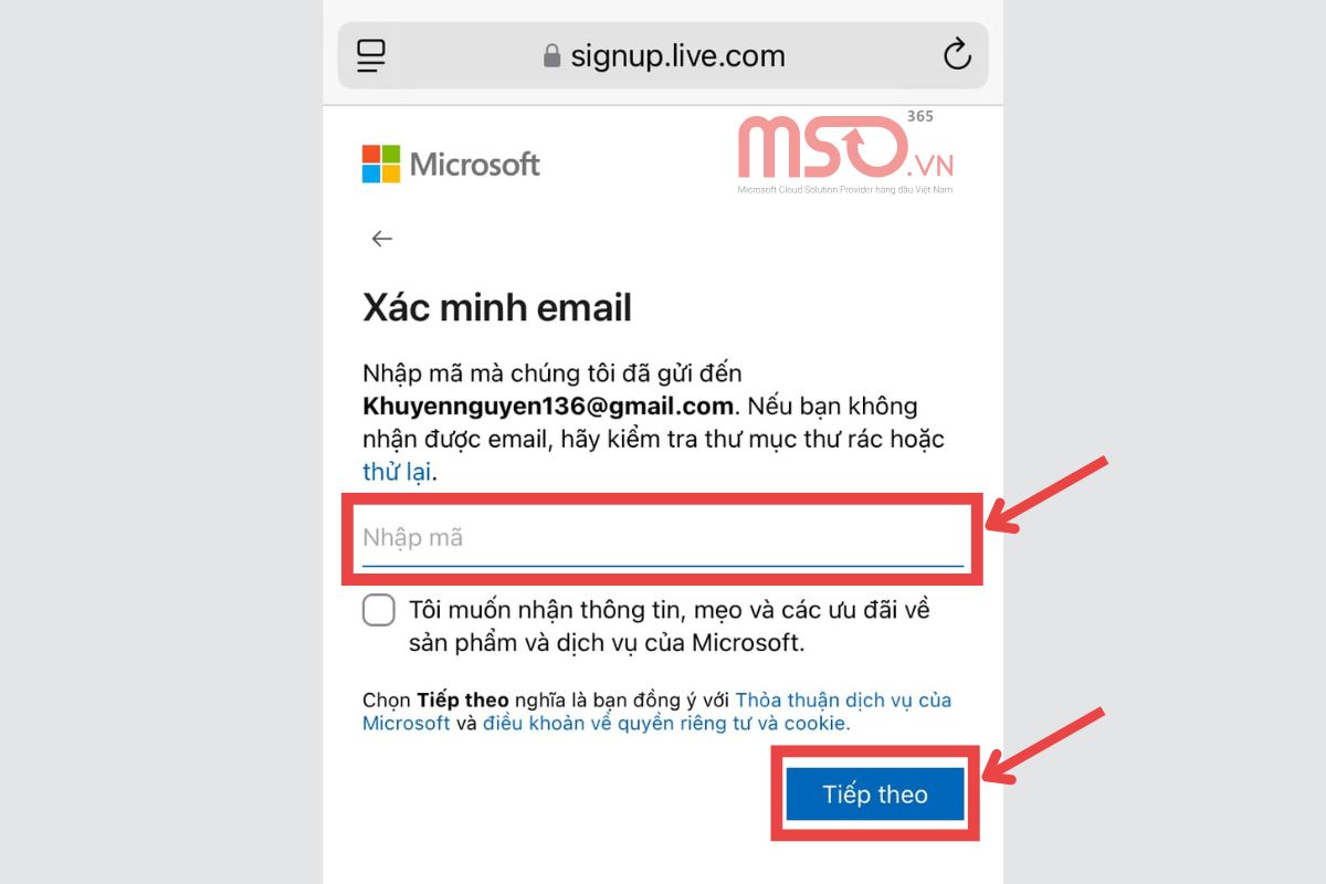 Cách tạo tài khoản Microsoft bằng Gmail trên điện thoại