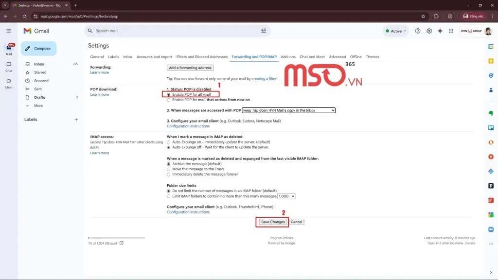 Chưa bật POP/IMAP trong cài đặt Gmail