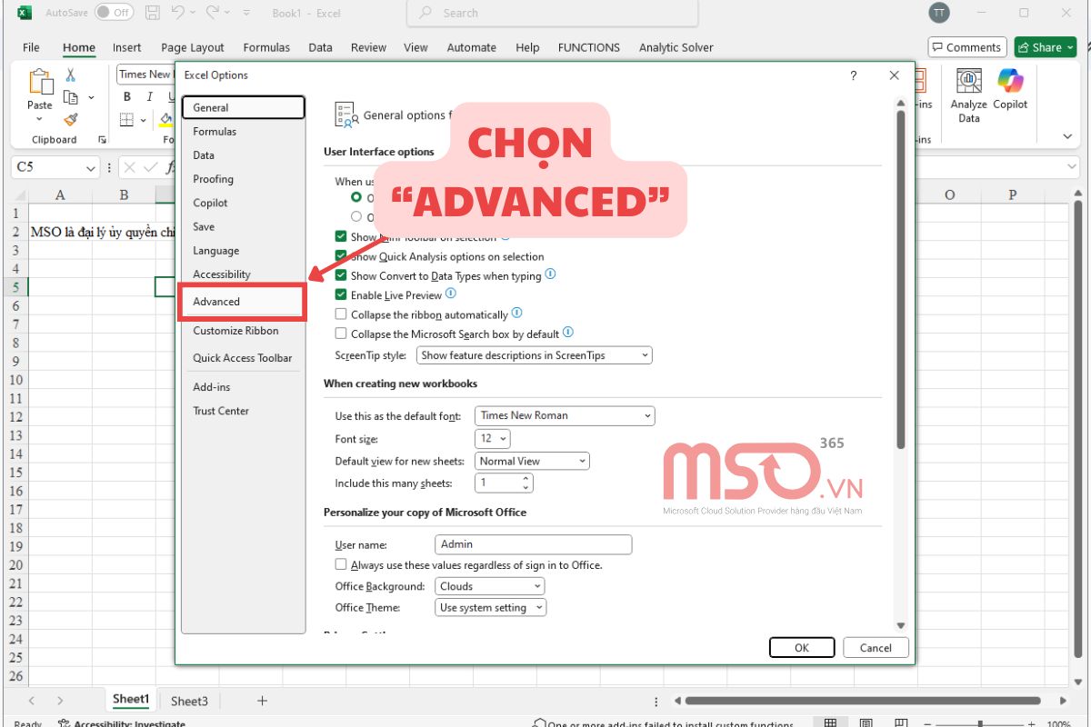 Cách khắc phục lỗi Excel bị ẩn Sheet Tab bằng tùy chọn Options