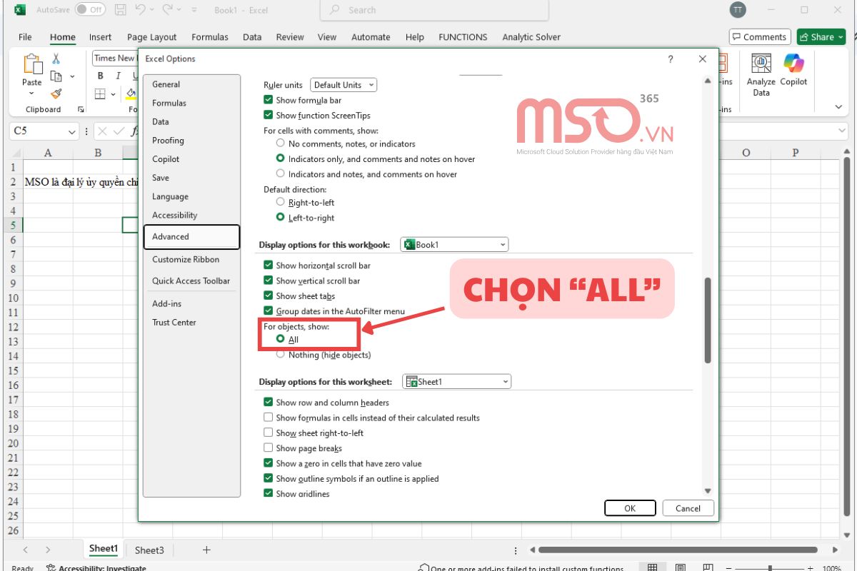 Cách khắc phục lỗi Excel bị ẩn Sheet Tab bằng tùy chọn Options