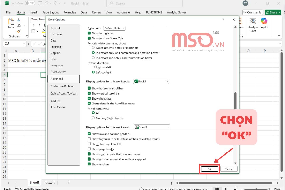 Cách khắc phục lỗi Excel bị ẩn Sheet Tab bằng tùy chọn Options