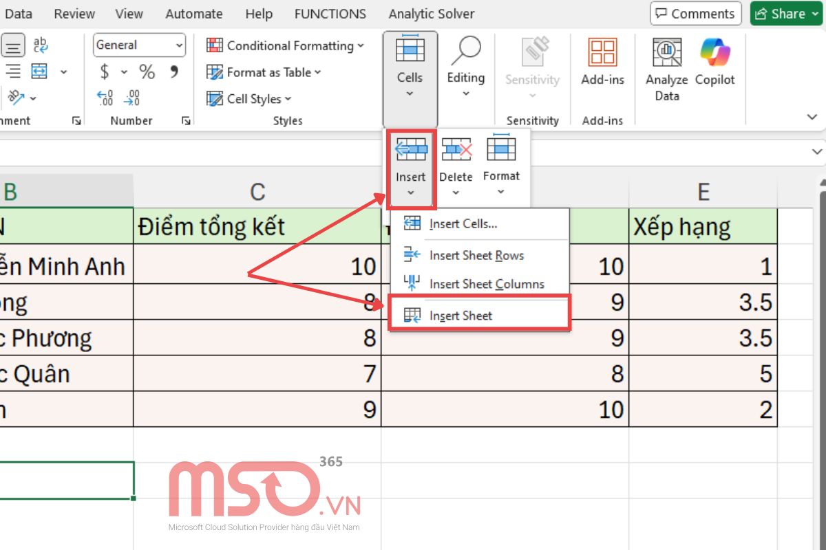Cách chèn sheet trong Excel bằng thanh công cụ ribbon