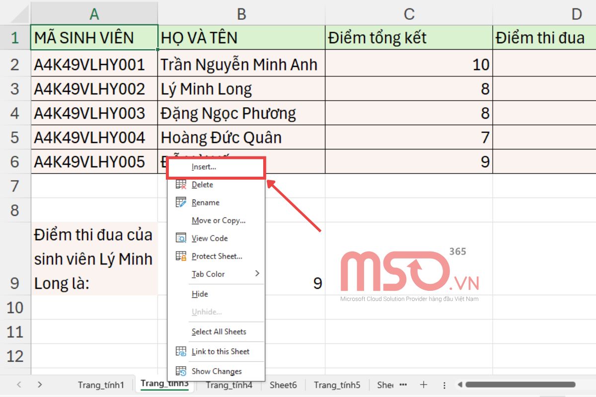 Cách thêm sheet trong Excel bằng lệnh Insert