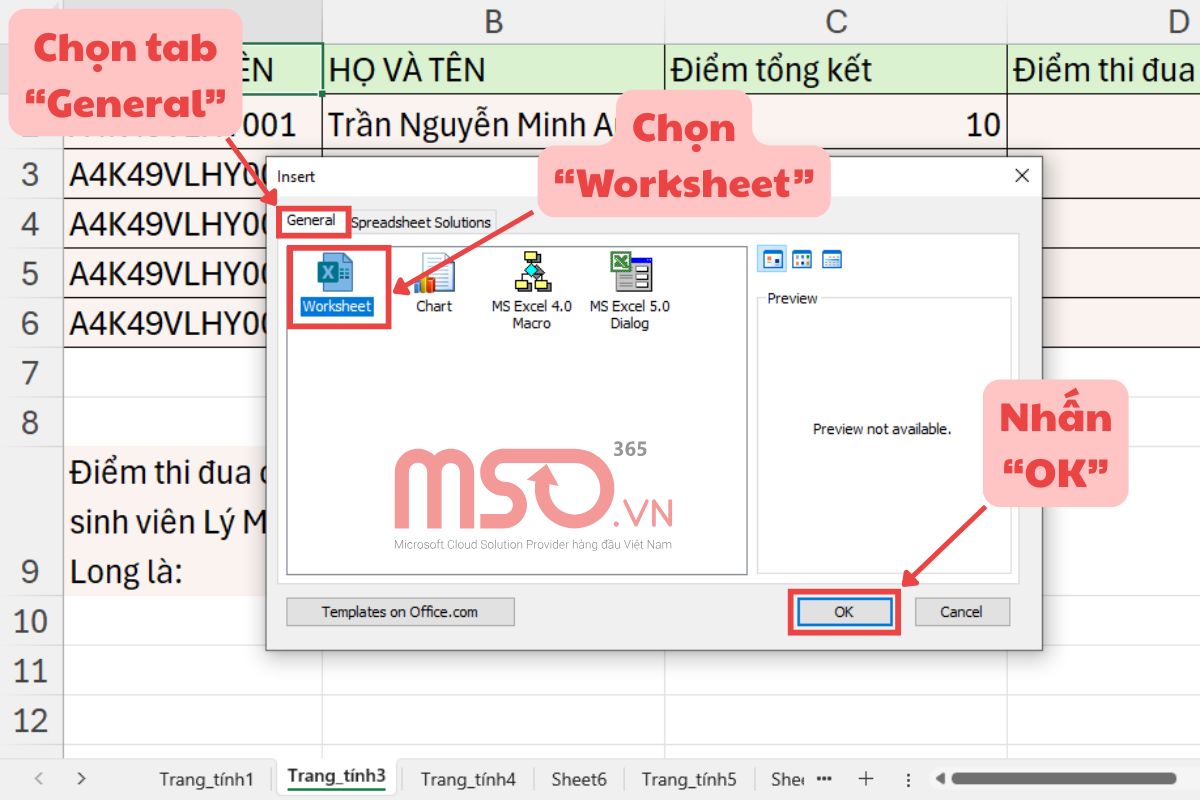 Cách thêm sheet trong Excel bằng lệnh Insert