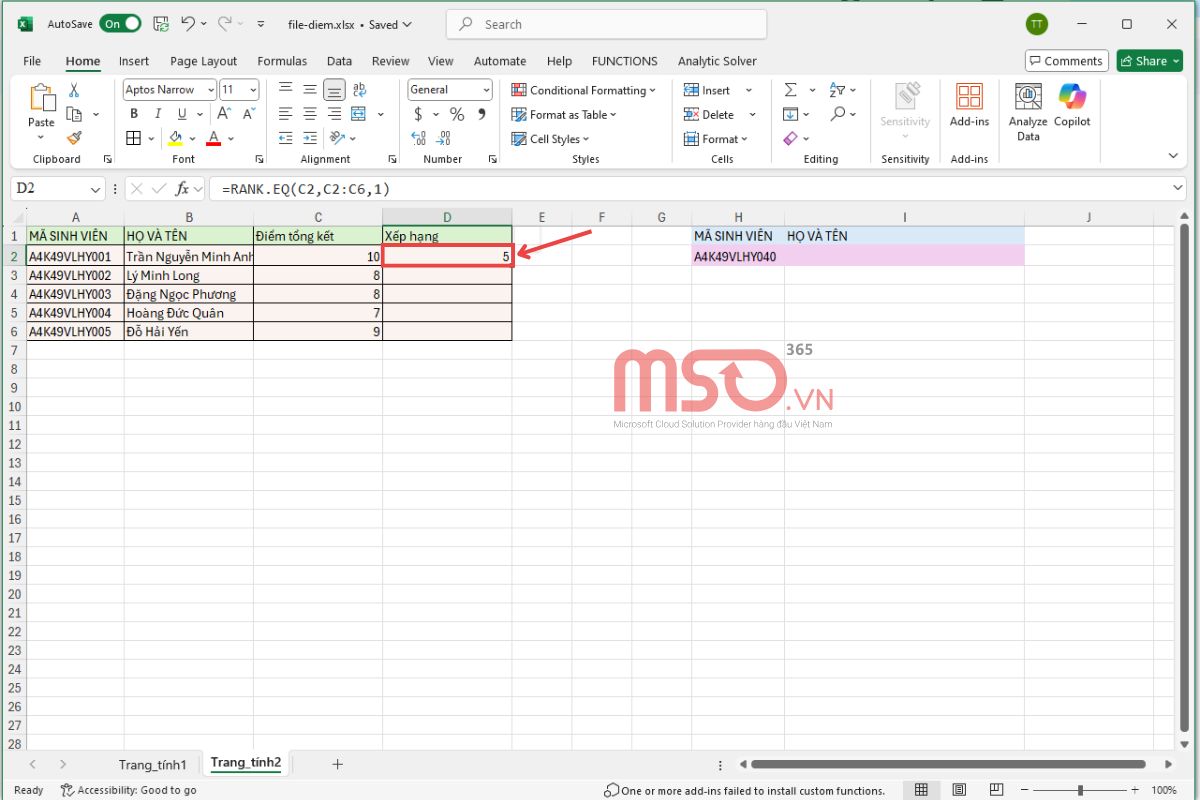 Hướng dẫn cách xếp hạng trong Excel bằng hàm RANK