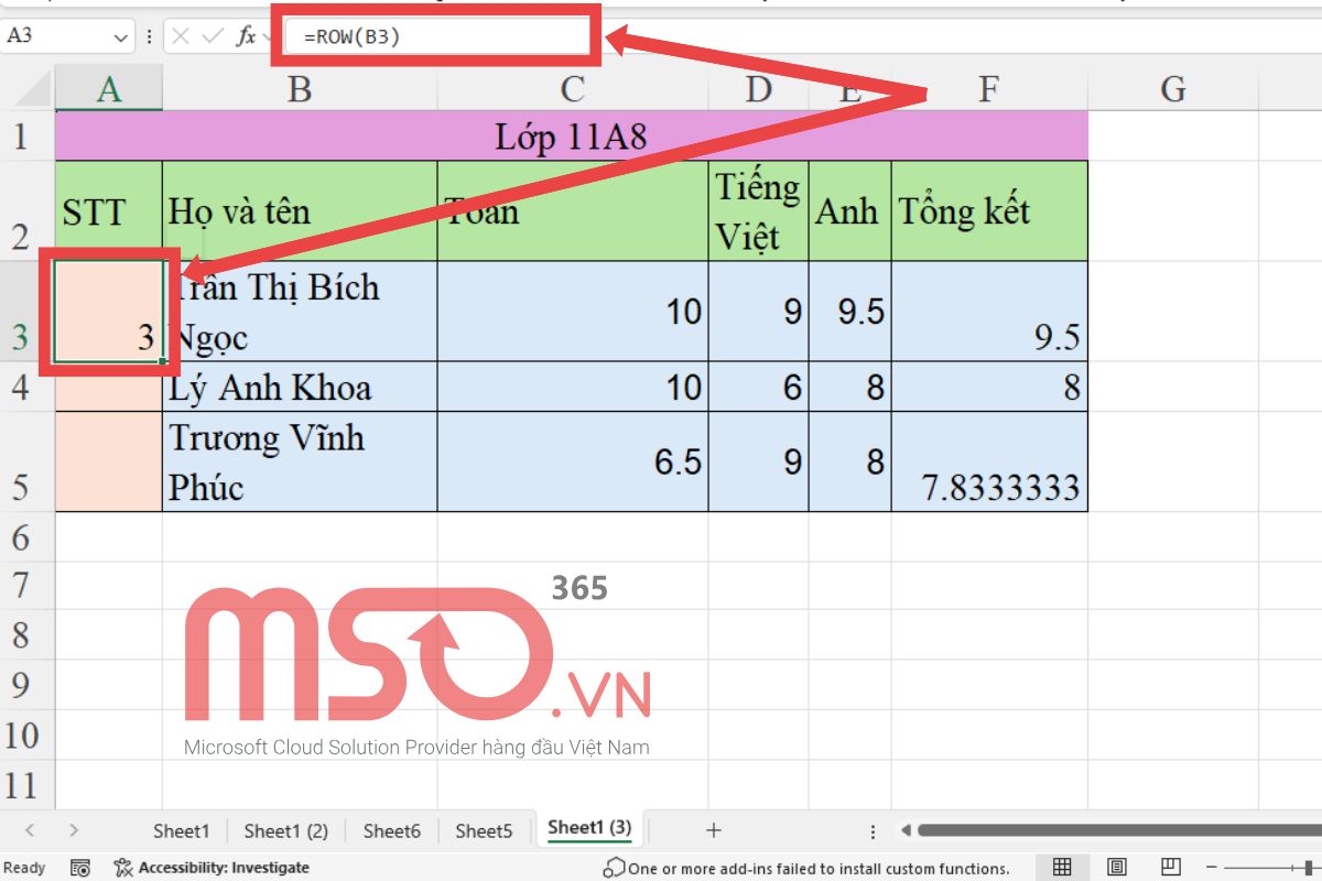 Cách dùng hàm ROW trả về số hàng trong ô tham chiếu