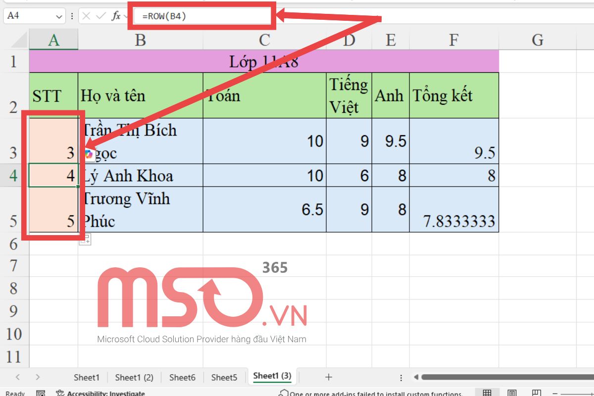 Cách dùng hàm ROW trả về số hàng trong ô tham chiếu