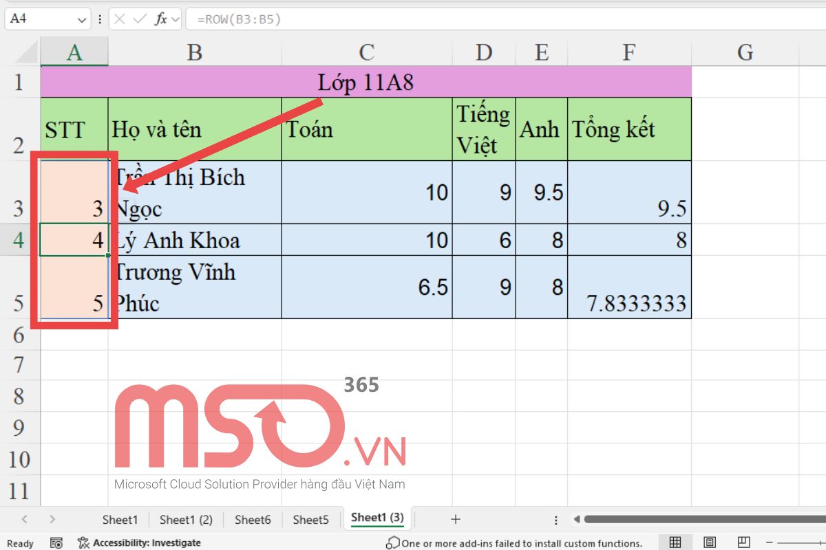 Cách dùng hàm ROW trả về số hàng trong phạm vi ô tham chiếu