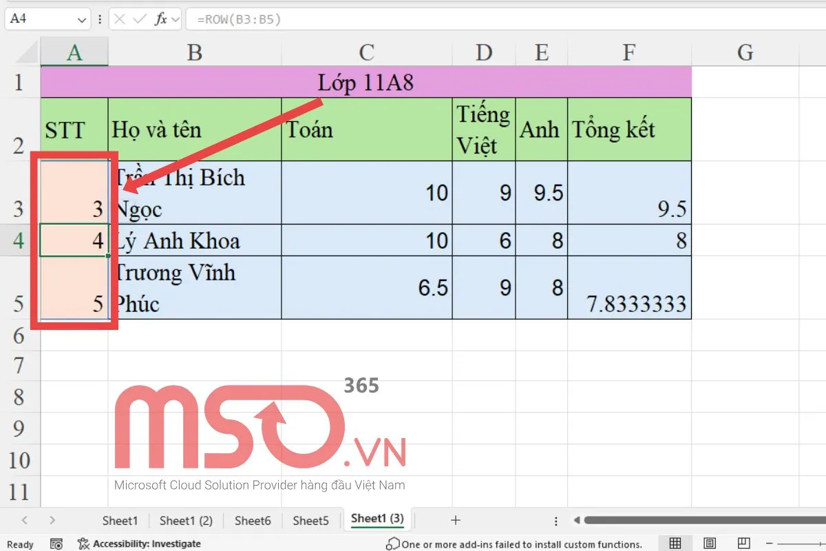 Cách dùng hàm ROW trả về số hàng trong phạm vi ô tham chiếu