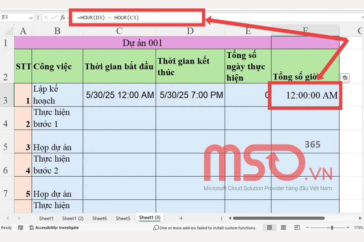 Cách dùng hàm tính thời gian trong Excel - Hàm HOUR
