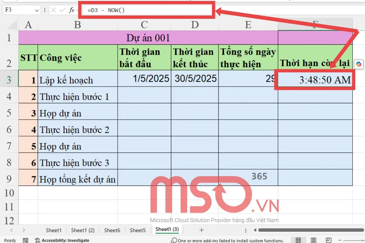 Cách dùng hàm trừ giờ trong Excel - Hàm NOW