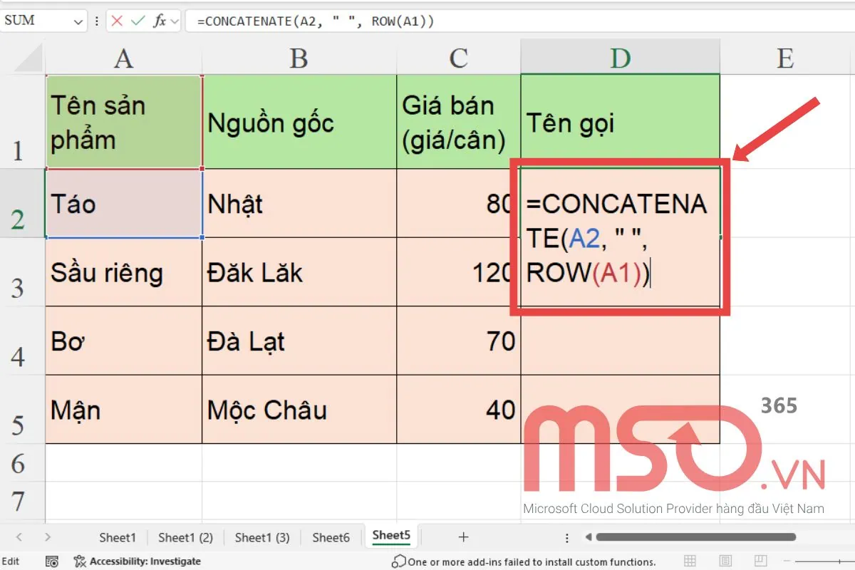 Cách kết hợp hàm ROW với hàm CONCATENATE