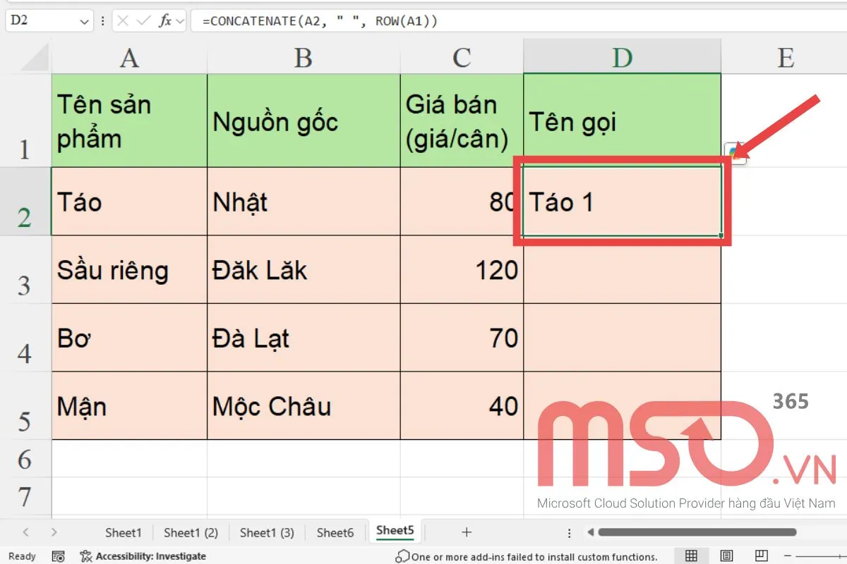 Cách kết hợp hàm ROW với hàm CONCATENATE
