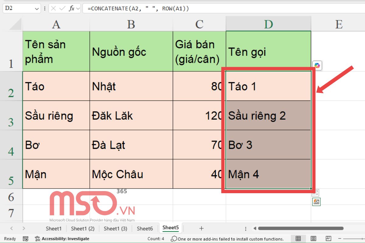 Cách kết hợp hàm ROW với hàm CONCATENATE