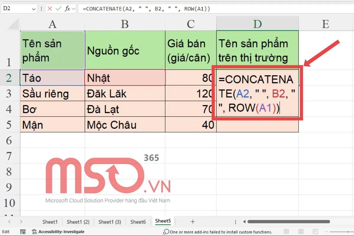 Cách kết hợp hàm ROW với hàm CONCATENATE