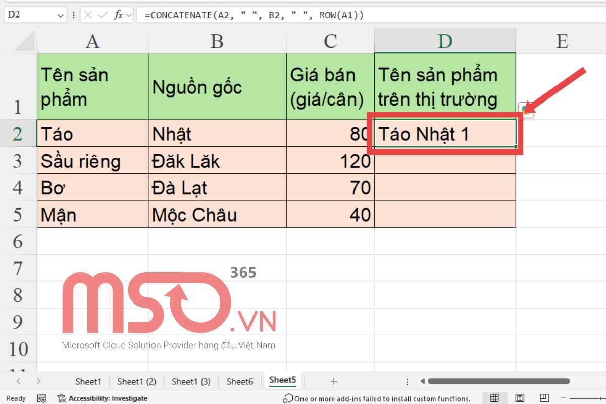 Cách kết hợp hàm ROW với hàm CONCATENATE