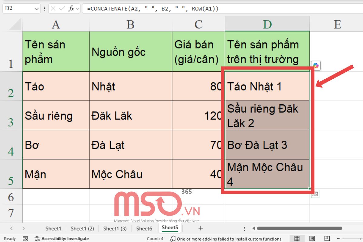Cách kết hợp hàm ROW với hàm CONCATENATE