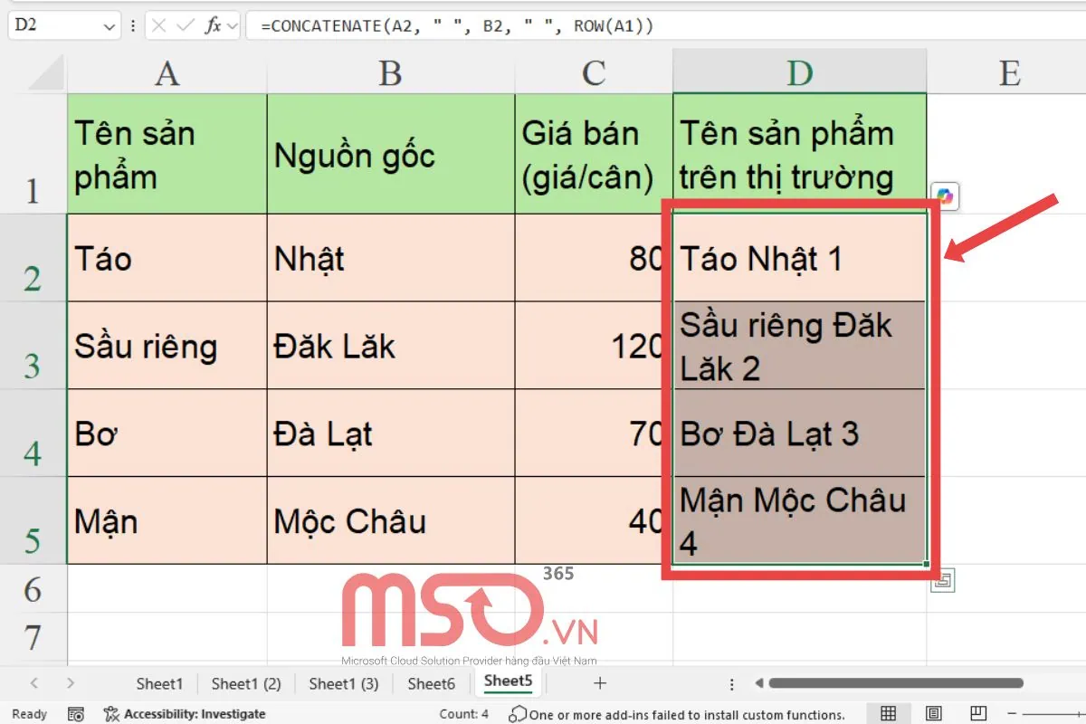 Cách kết hợp hàm ROW với hàm CONCATENATE