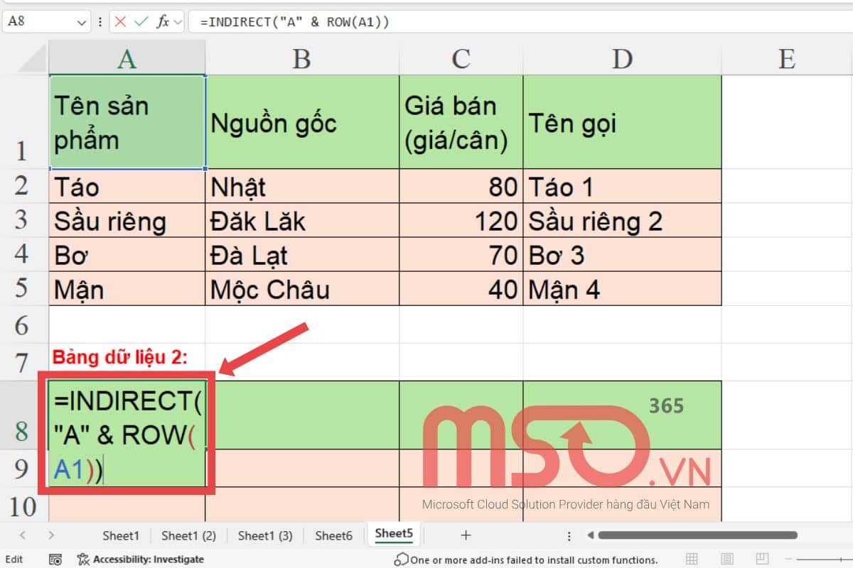 Cách kết hợp hàm ROW với hàm INDIRECT