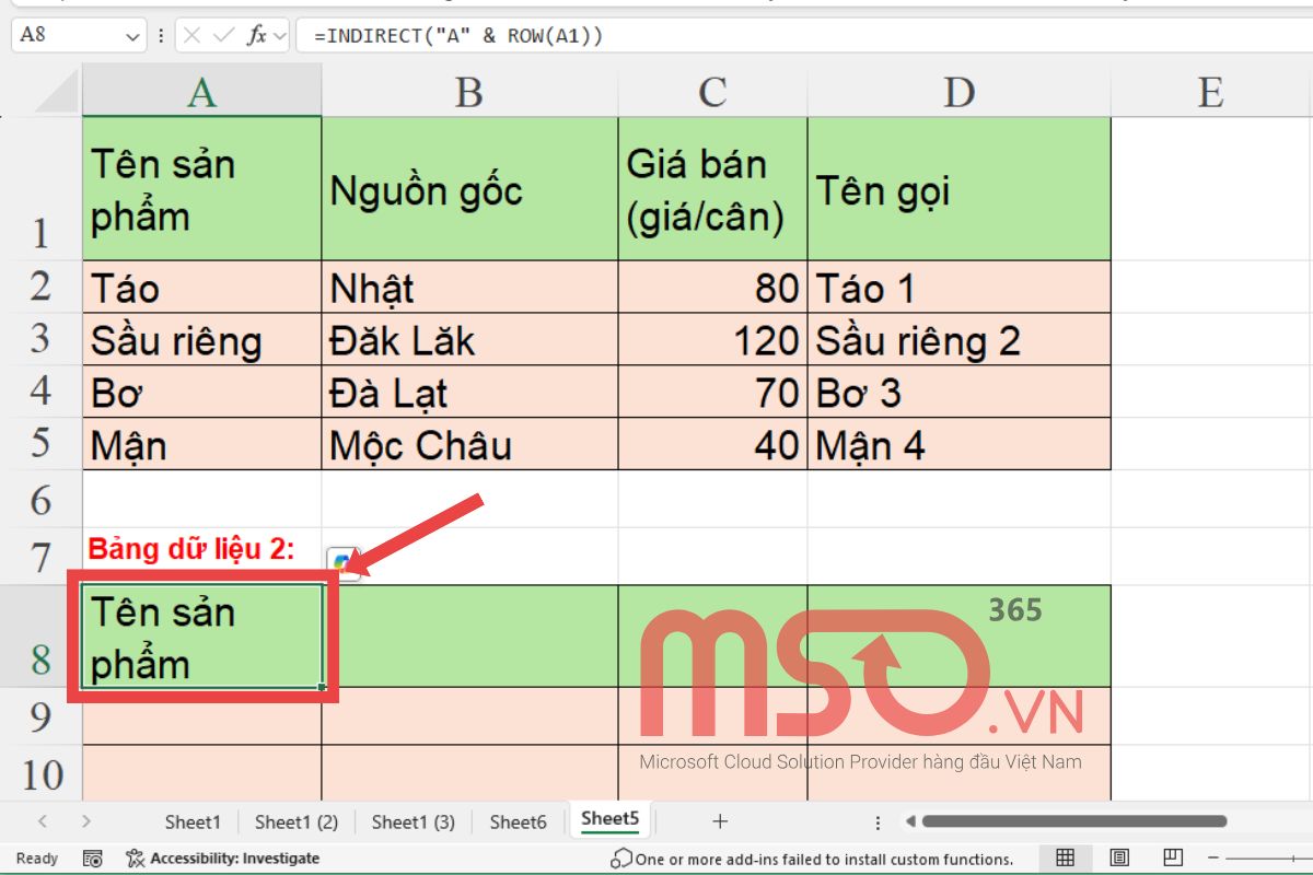 Cách kết hợp hàm ROW với hàm INDIRECT