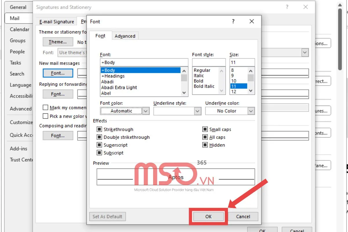 Cách khôi phục các cài đặt font chữ mặc định trong Outlook về ban đầu