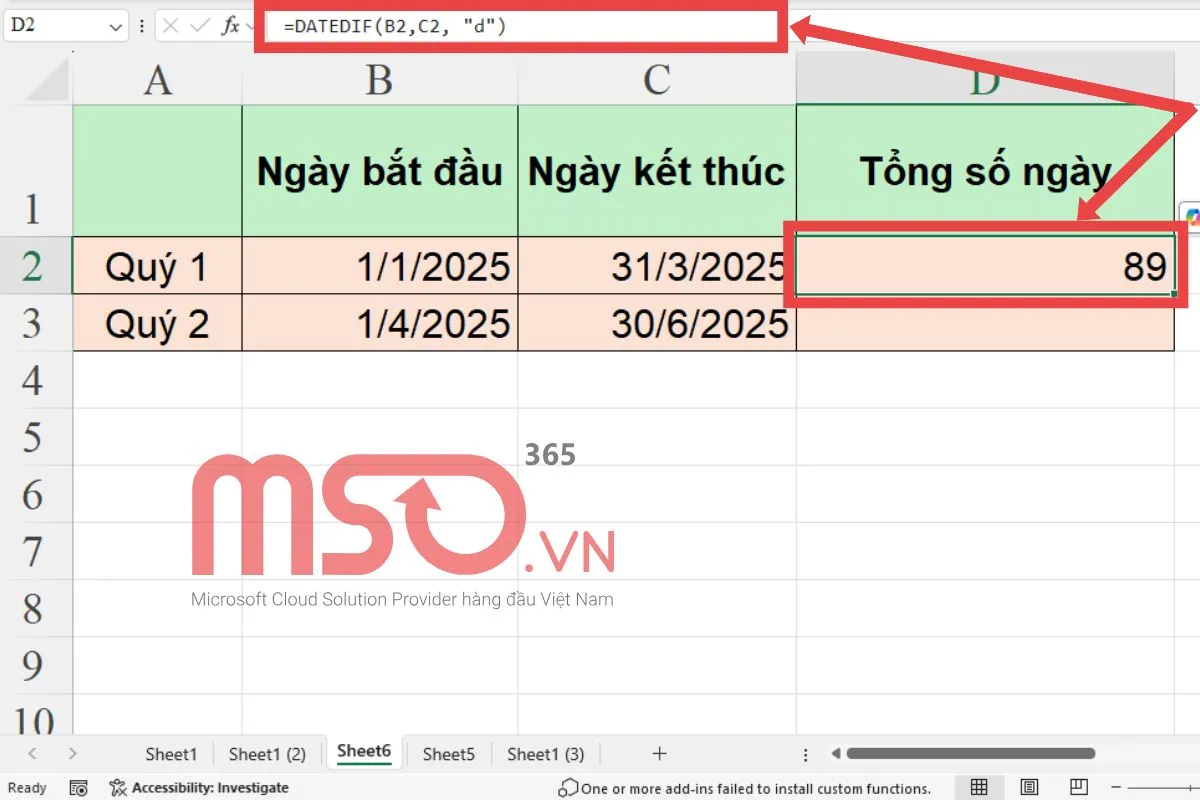 Cách sử dụng hàm DATEDIF để tính số ngày giữa 2 ngày