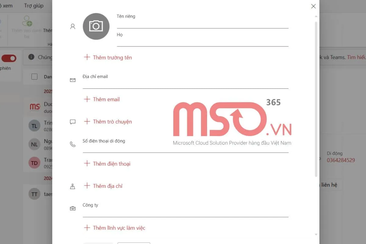 Thêm liên hệ vào danh sách liên lạc trong Outlook trên Web