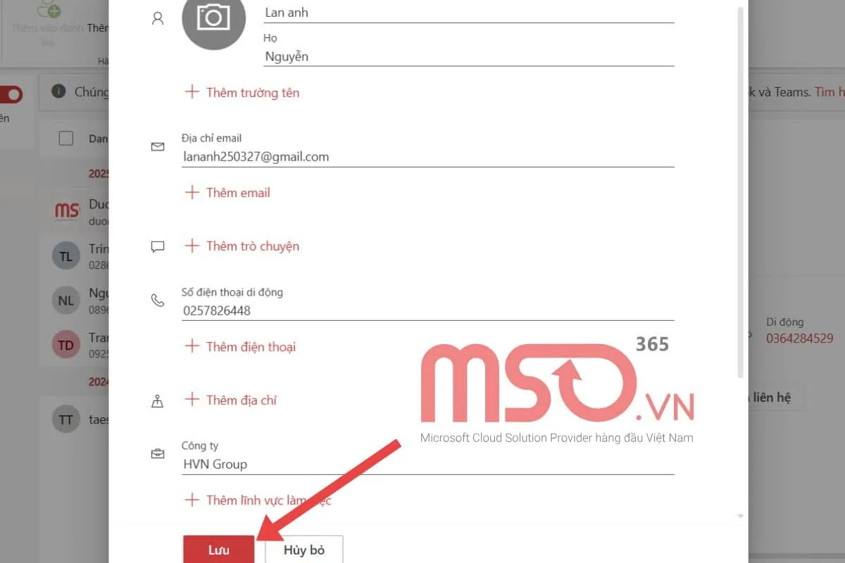 Thêm liên hệ vào danh sách liên lạc trong Outlook trên Web
