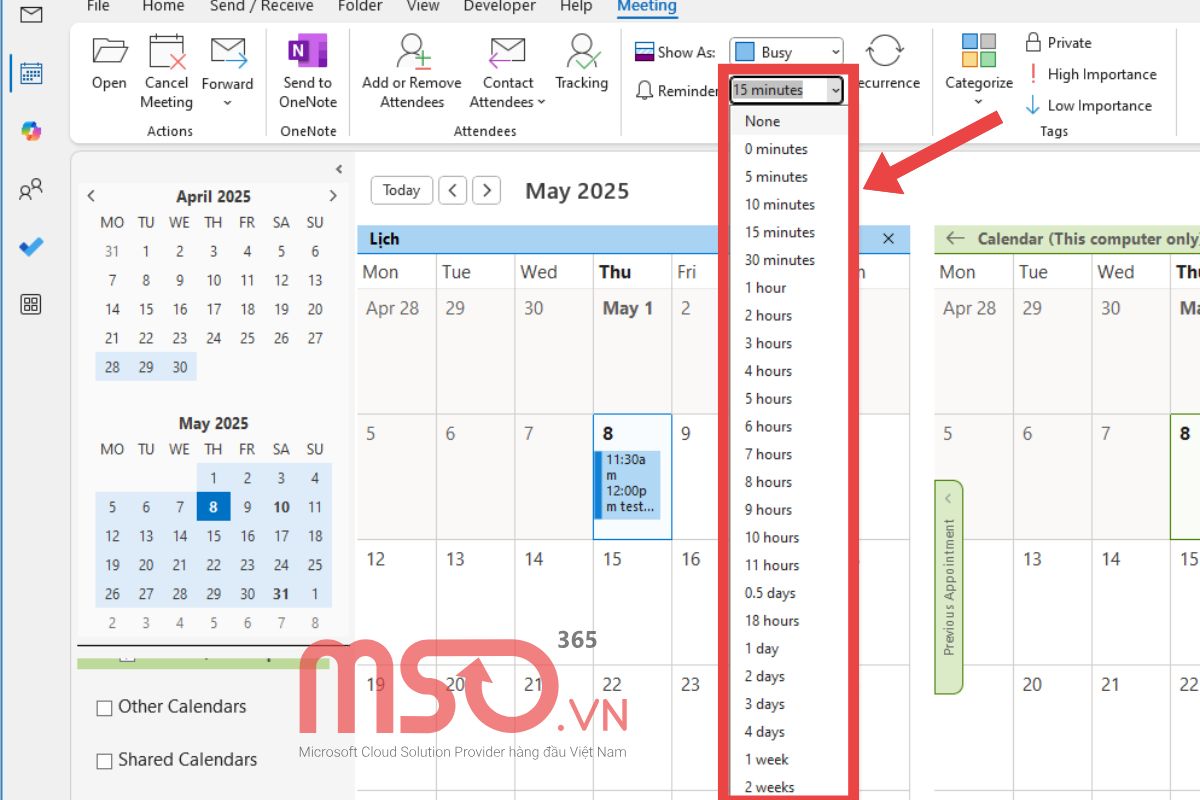 Cài đặt nhắc nhở lịch trên Outlook Calendar
