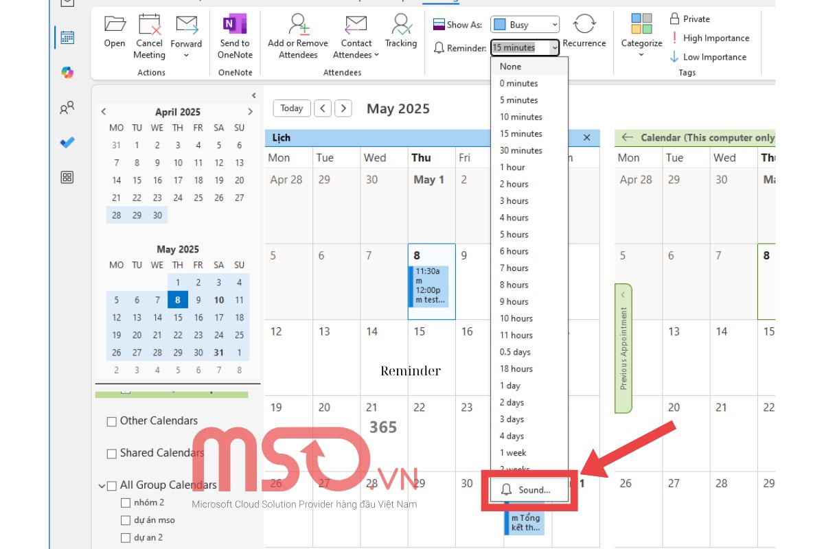 Cài đặt nhắc nhở lịch trên Outlook Calendar