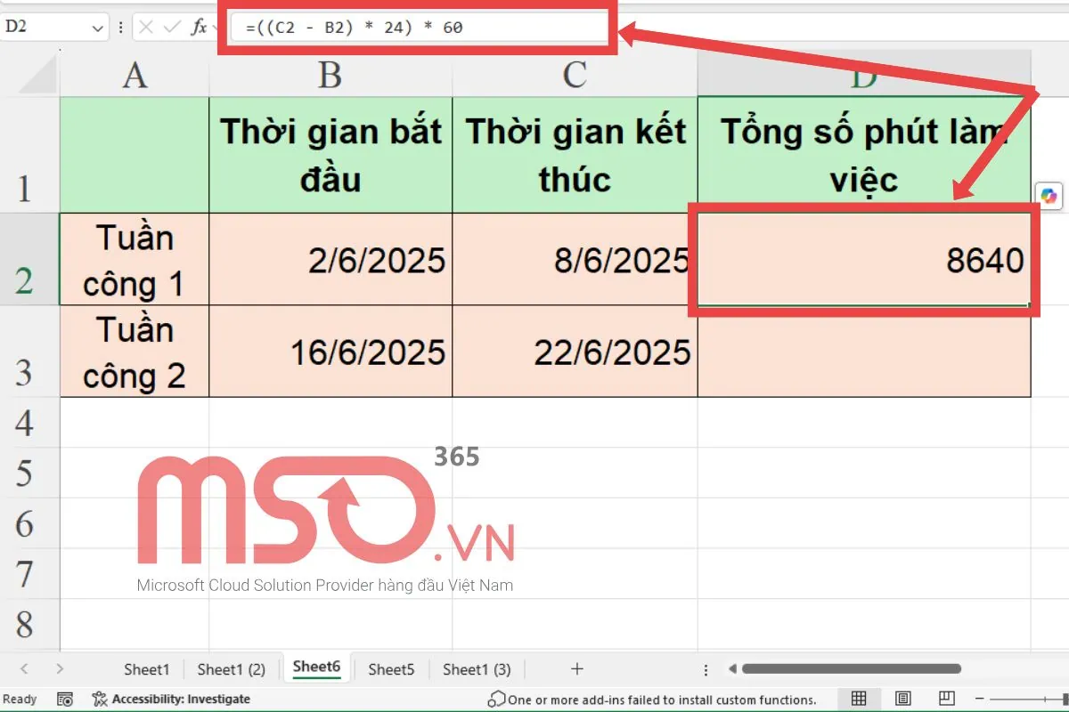 Công thức tính thời gian trong Excel tìm thời gian giữa 2 ngày