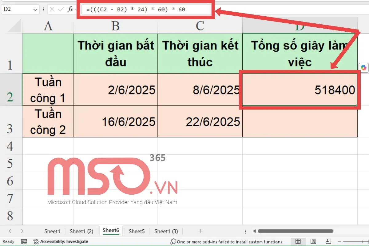 Công thức tính thời gian trong Excel tìm thời gian giữa 2 ngày