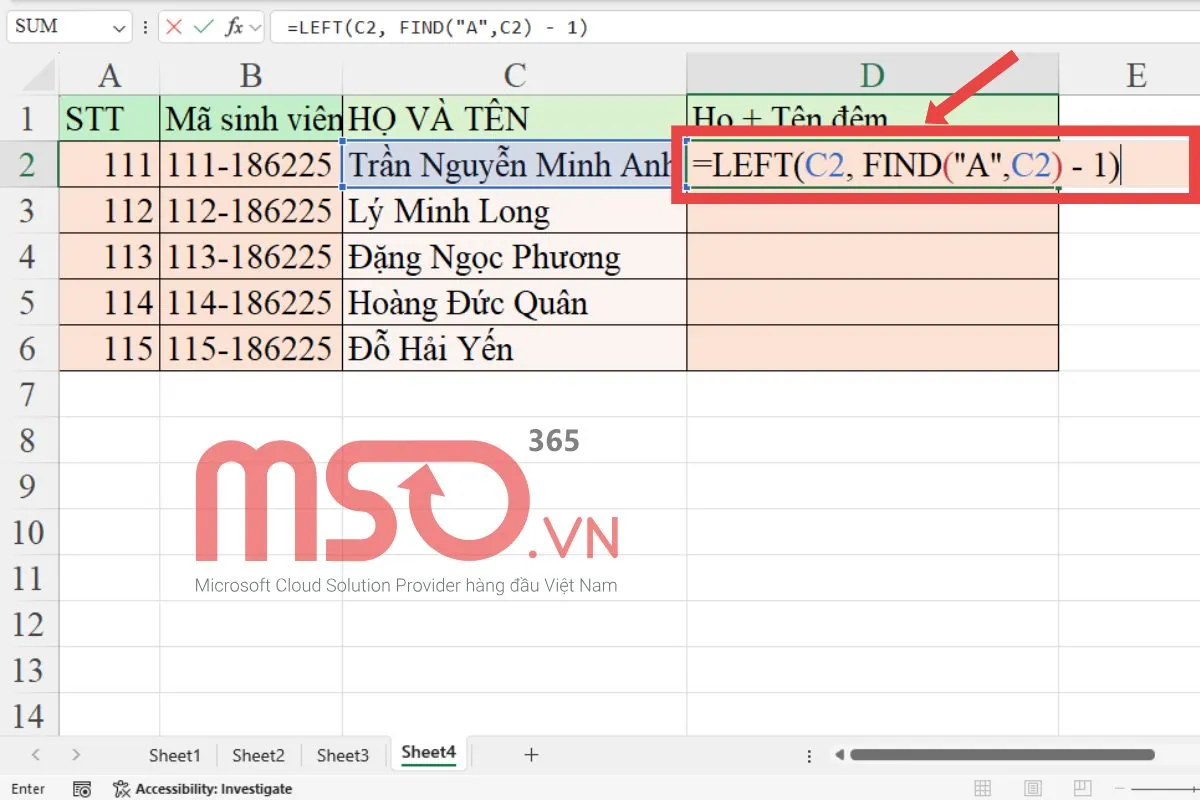 Hàm LEFT kết hợp với hàm FIND