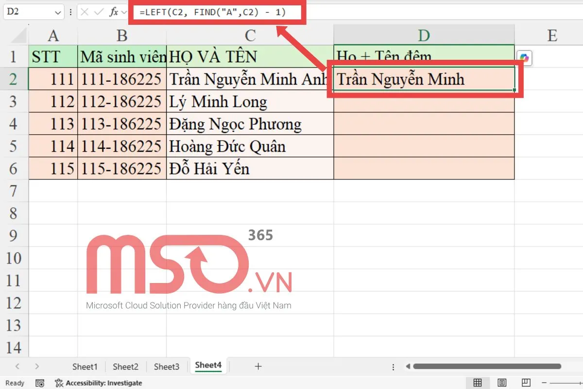Hàm LEFT kết hợp với hàm FIND
