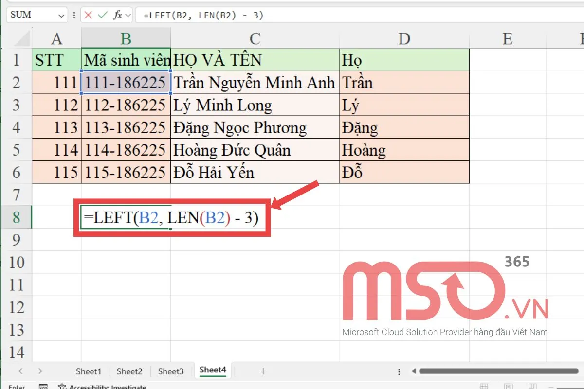 Hàm LEFT kết hợp hàm LEN