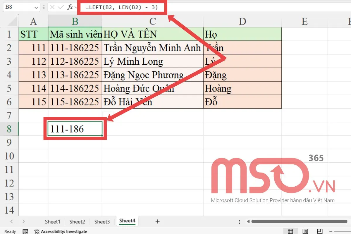 Hàm LEFT kết hợp hàm LEN
