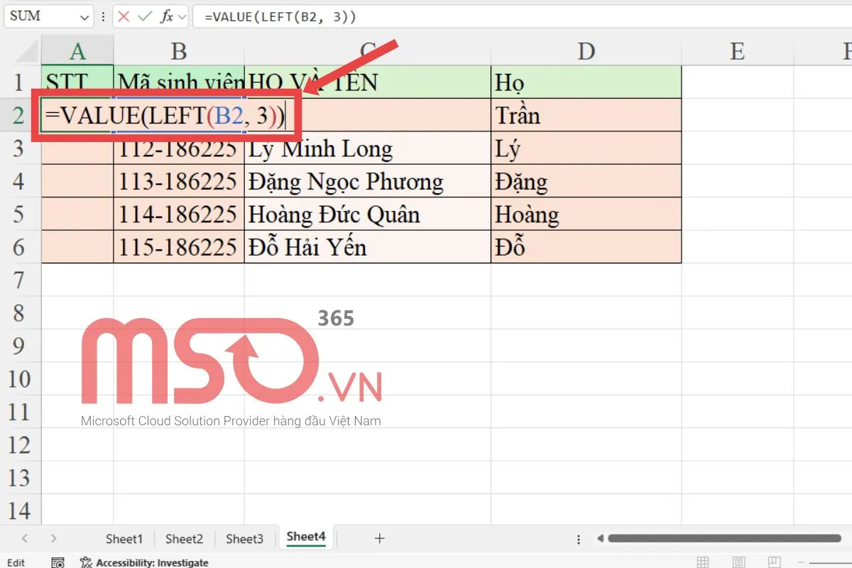 Hàm LEFT kết hợp hàm VALUE