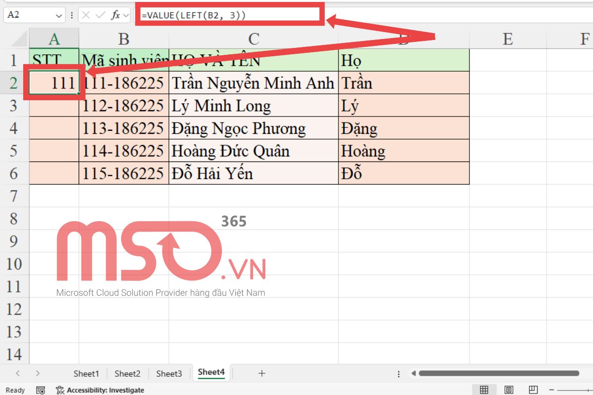 Hàm LEFT kết hợp hàm VALUE