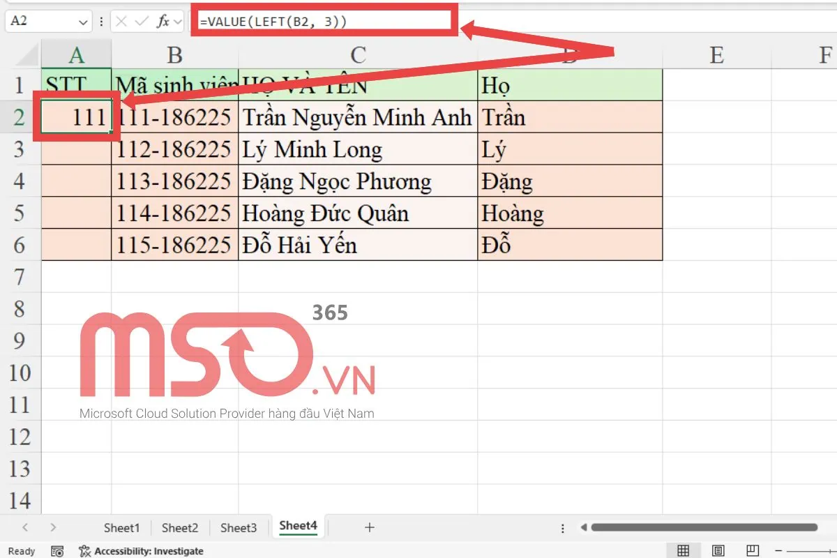 Hàm LEFT kết hợp hàm VALUE