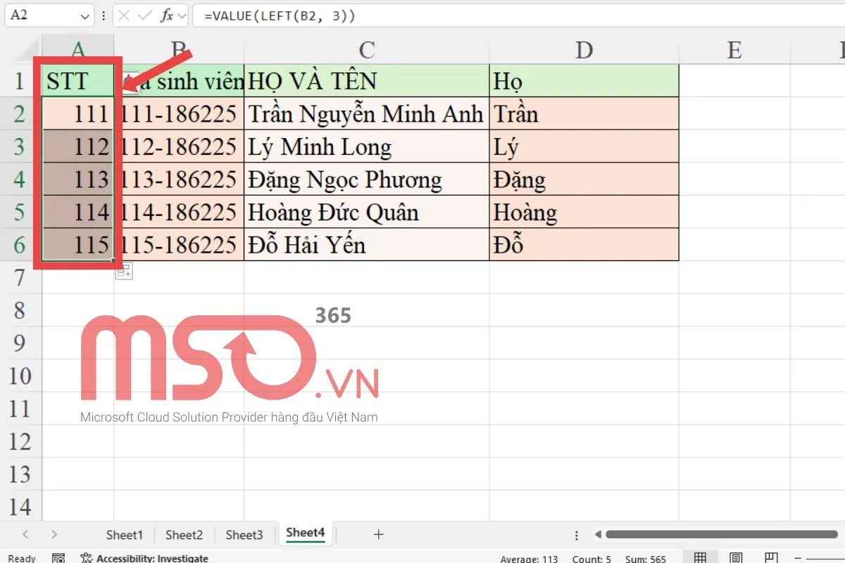 Hàm LEFT kết hợp hàm VALUE