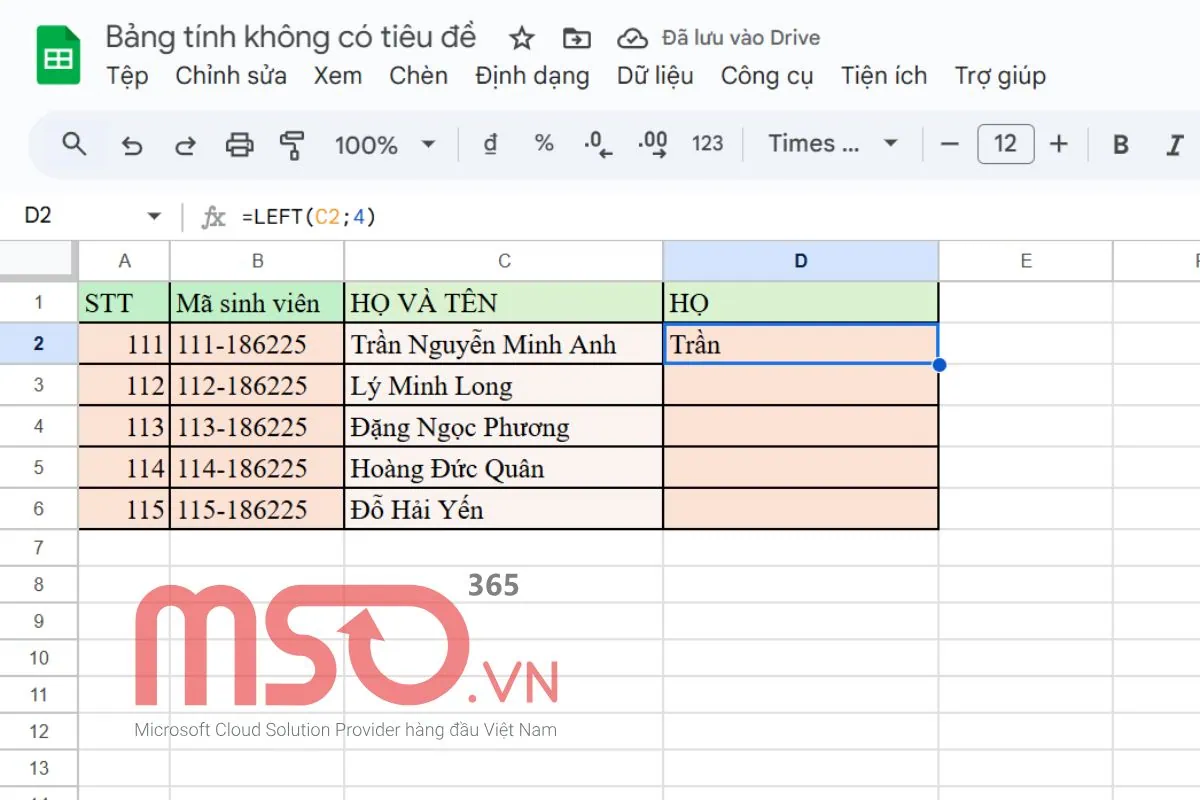 Cách sử dụng hàm LEFT trong Google Sheets