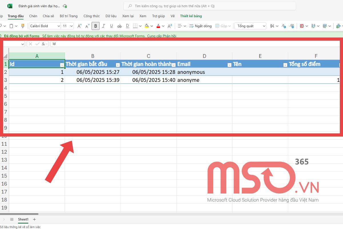 Hướng dẫn đồng bộ phản hồi trên Microsoft Forms sang Excel trực tiếp